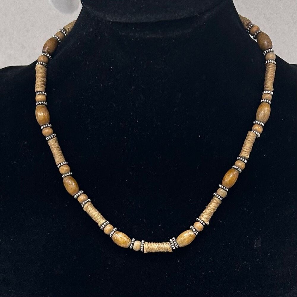 Vintage Panama Jack Surfer Beaded Necklace Unisex 18" Tan Hemp Wooden Beads